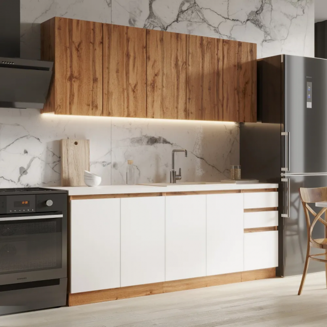 Кухня "Венера"  2 метра дуб вотан + ЛДСП + МДФ пленка ПВХ софт купить с бесплатной доставкой в любой город ЛНР